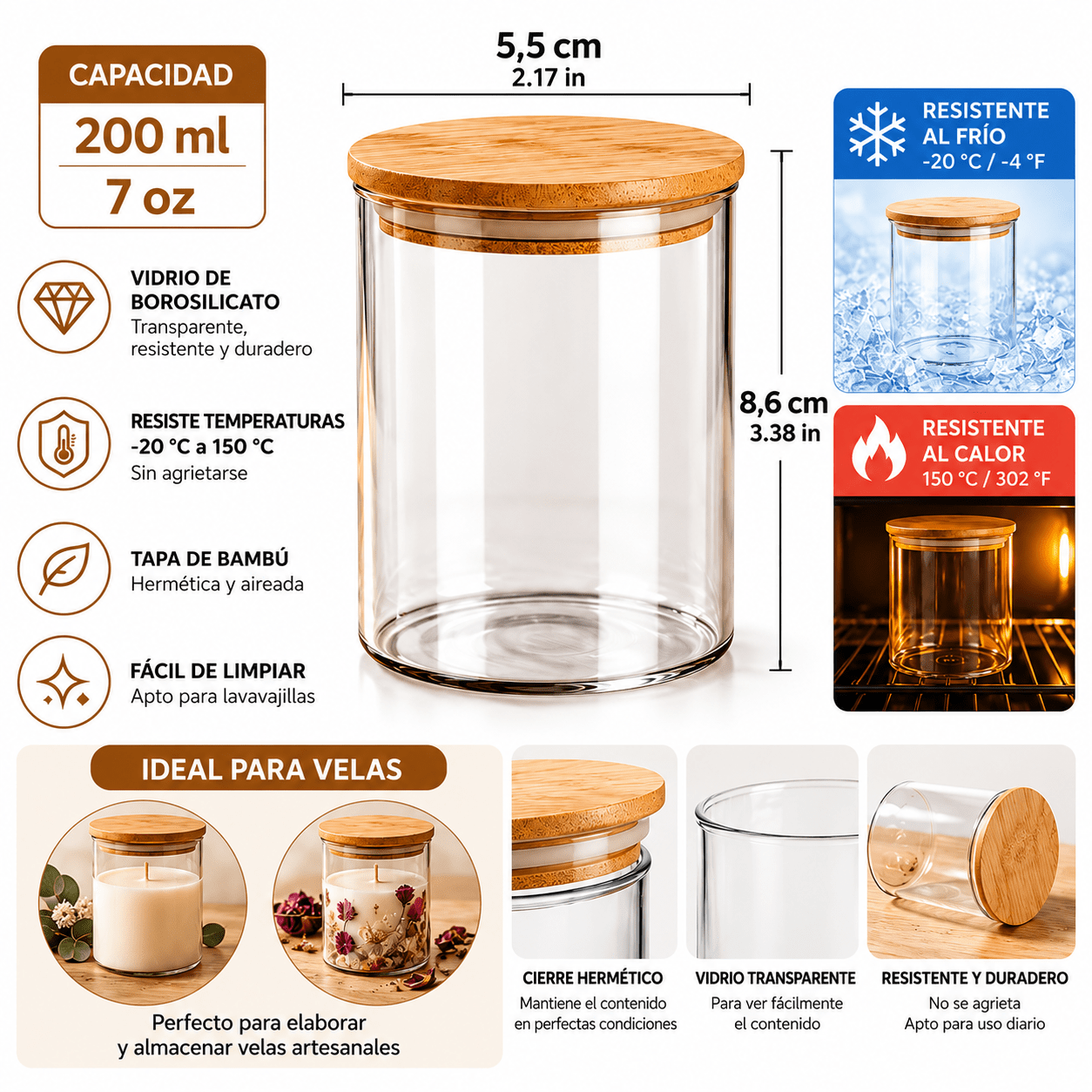 Envase de cristal 200 ml con tapa de bambú