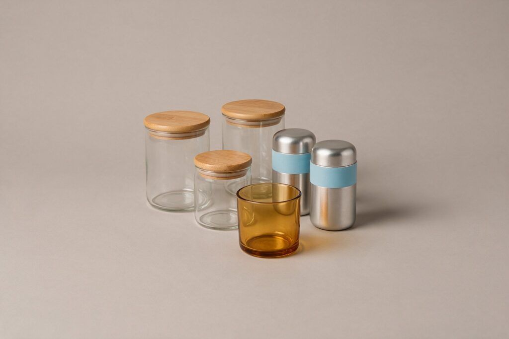 Tarros de cristal con tapa de bambú, latas metálicas y vasos ámbar para hacer velas