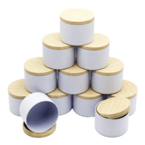 Tarro lata blanca con tapa color madera - 114 ml