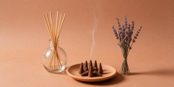 Difusor de varillas, conos de incienso humeando y lavanda seca para ambientar el hogar